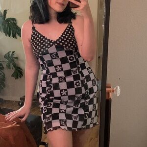 light purple, butterfly & flowers checker-board dress